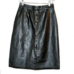 Vintage Black Elegance Genuine Leather Midi Pencil Skirt Size L Mob Wife Grunge